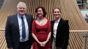 First Minister Eluned Morgan with Max Boyce and Jess Fishlock