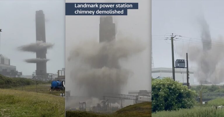 Watch as landmark chimney stack at Welsh power station is demolished