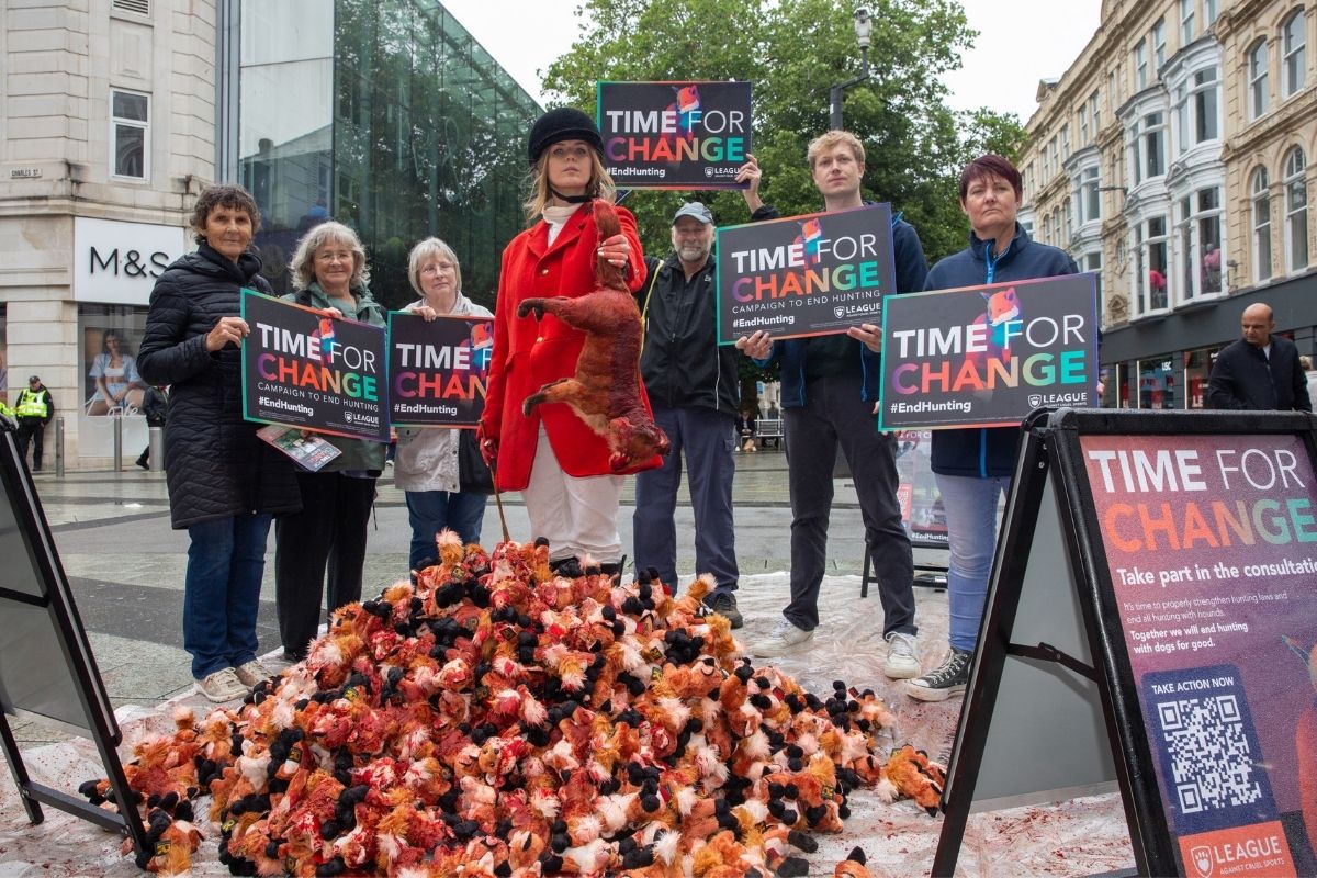 Charity calls for an end to illegal fox hunting by piling up bloodied foxes in Cardiff city centre